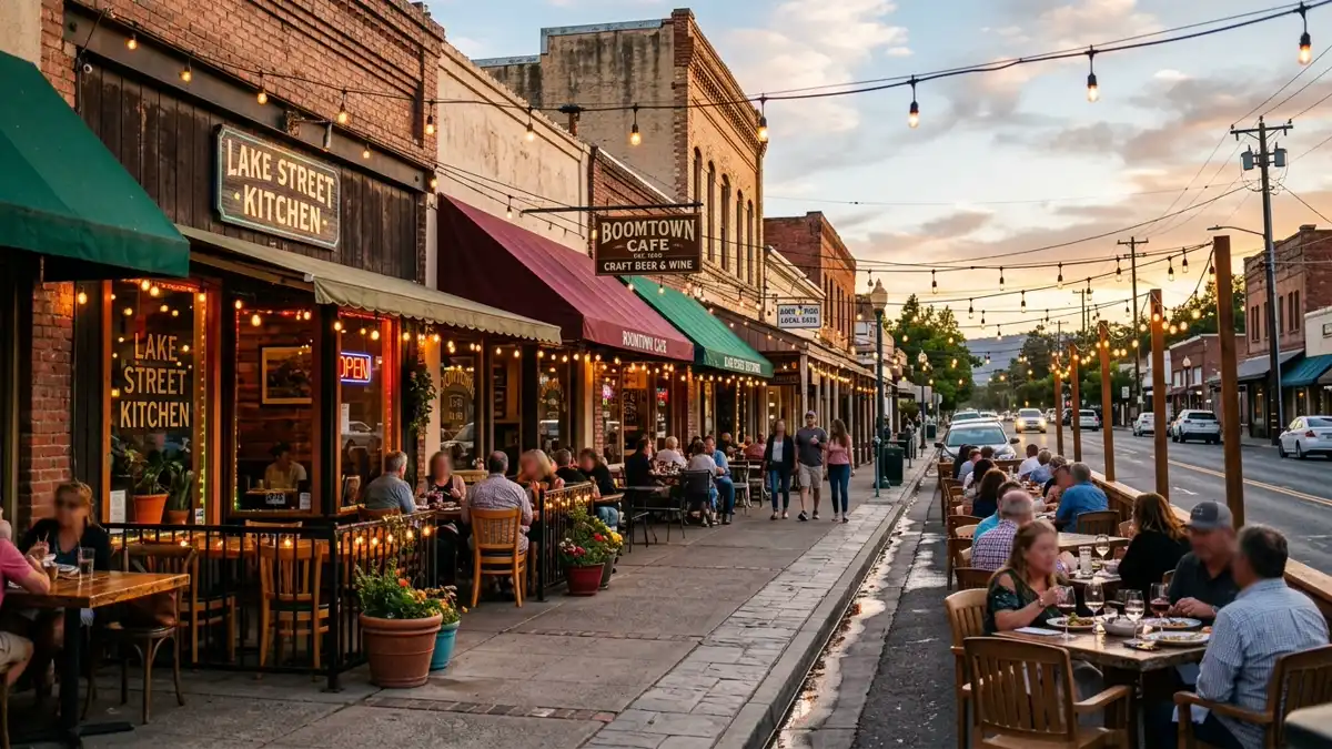 Restaurant district in Lower Lake, California with nearby public restroom facilities
