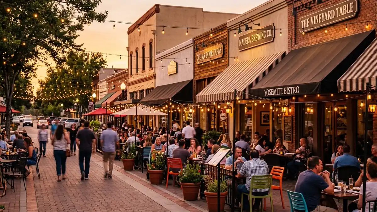 Restaurant district in Madera County, California with nearby public restroom facilities