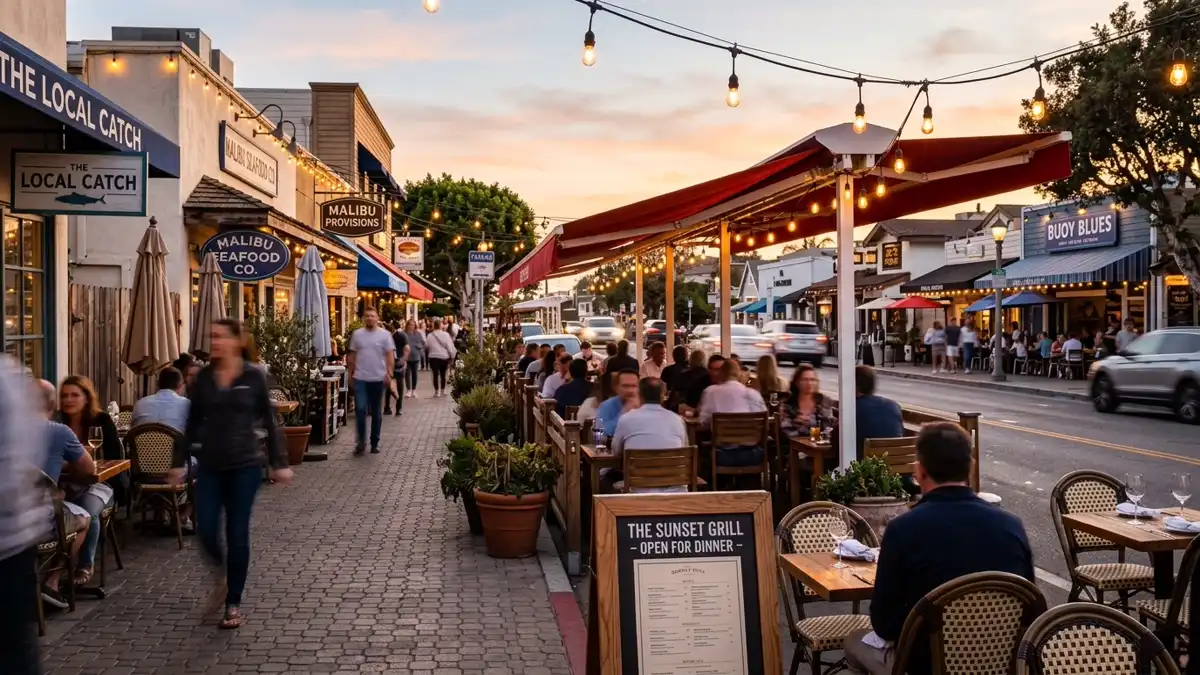 Restaurant district in Malibu, California with nearby public restroom facilities
