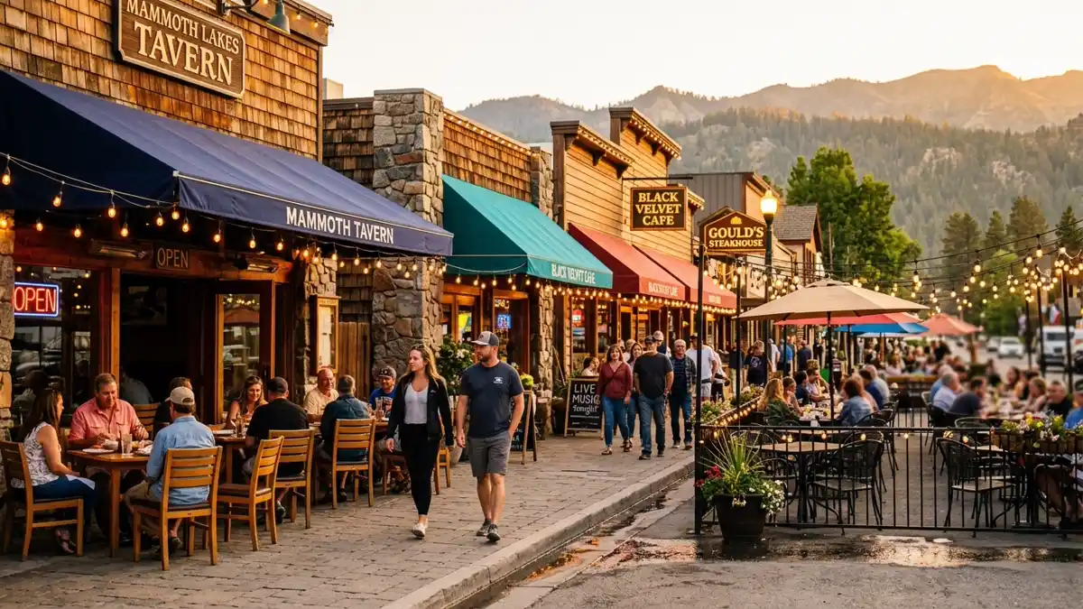 Restaurant district in Mammoth Lakes, California with nearby public restroom facilities