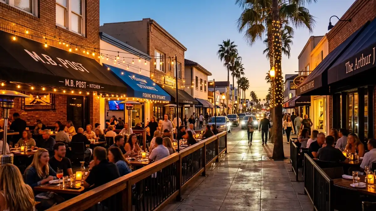 Restaurant district in Manhattan Beach, California with nearby public restroom facilities
