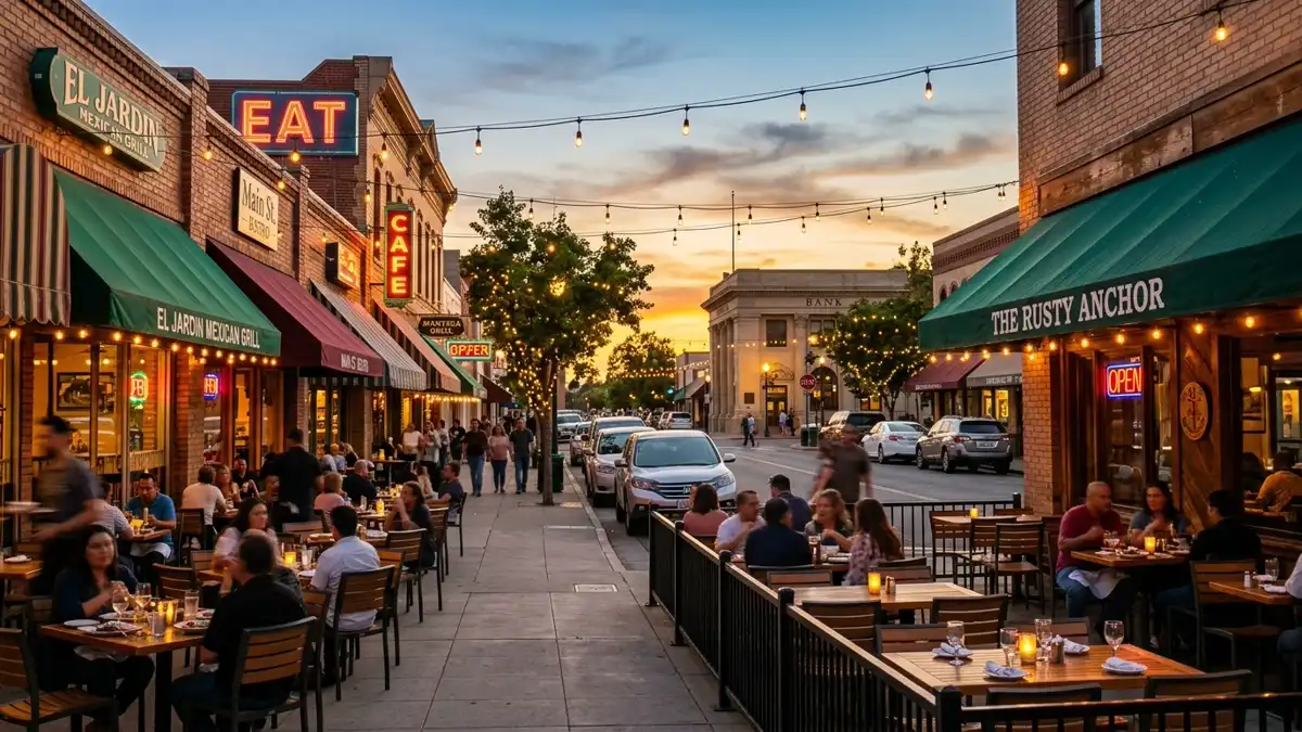 Restaurant district in Manteca, California with nearby public restroom facilities