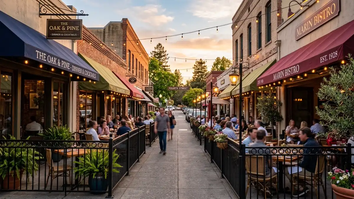 Restaurant district in Marin County, California with nearby public restroom facilities
