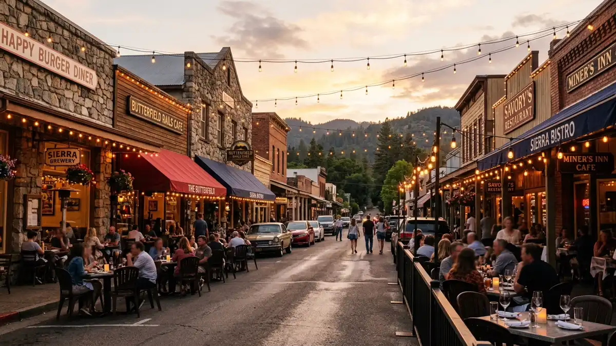 Restaurant district in Mariposa County, California with nearby public restroom facilities