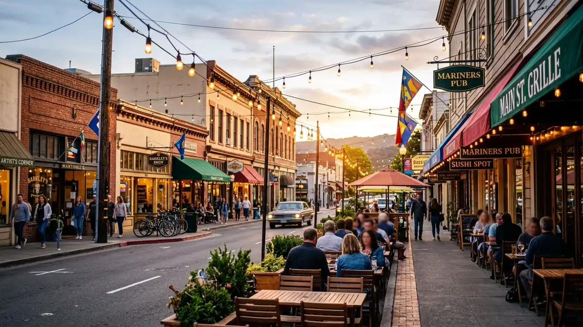 Restaurant district in Martinez, California with nearby public restroom facilities