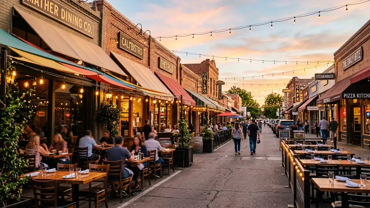 Restaurant district in Mather, California with nearby public restroom facilities