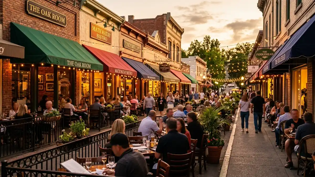 Restaurant district in Matkwatay, California with nearby public restroom facilities
