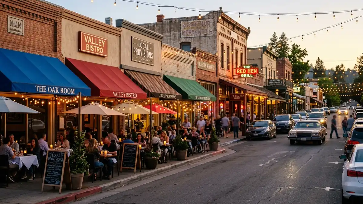 Restaurant district in Mcarthur, California with nearby public restroom facilities