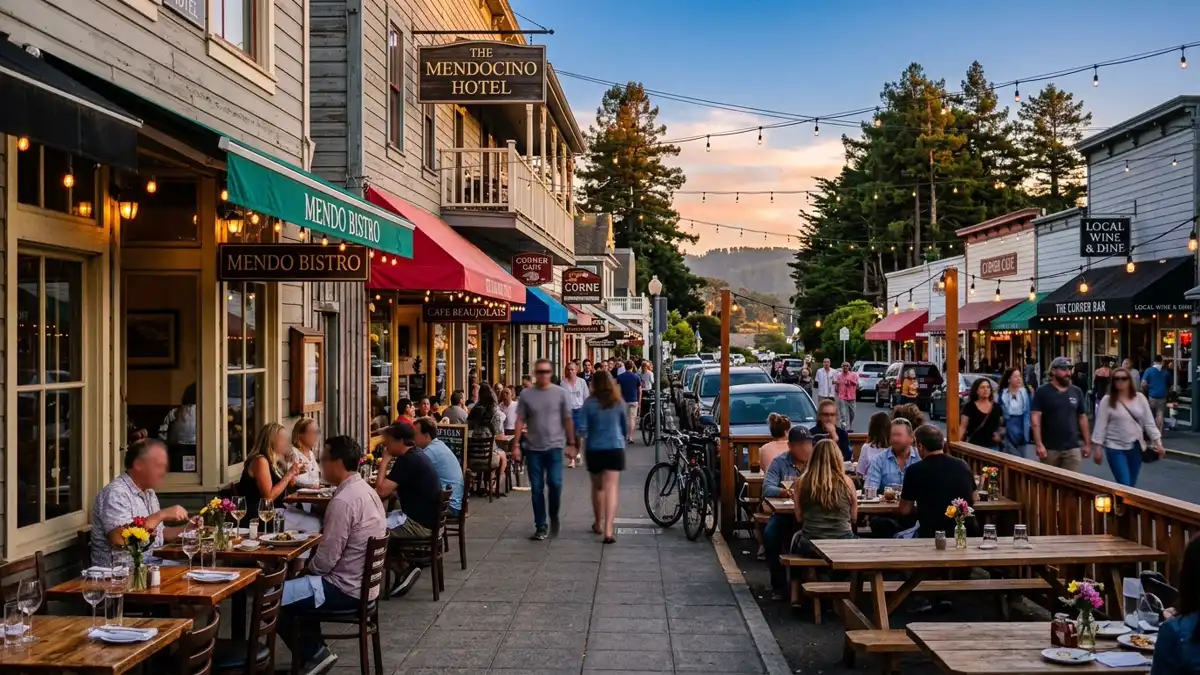 Restaurant district in Mendocino County, California with nearby public restroom facilities