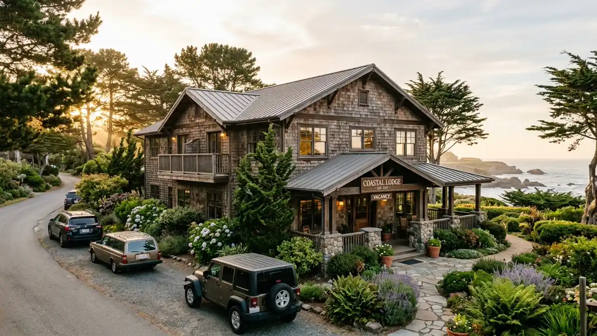 Hotels and accommodation options near mapped restrooms in Mendocino, California