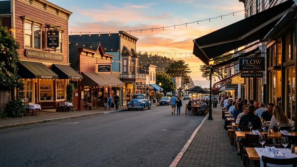 Restaurant district in Mendocino, California with nearby public restroom facilities