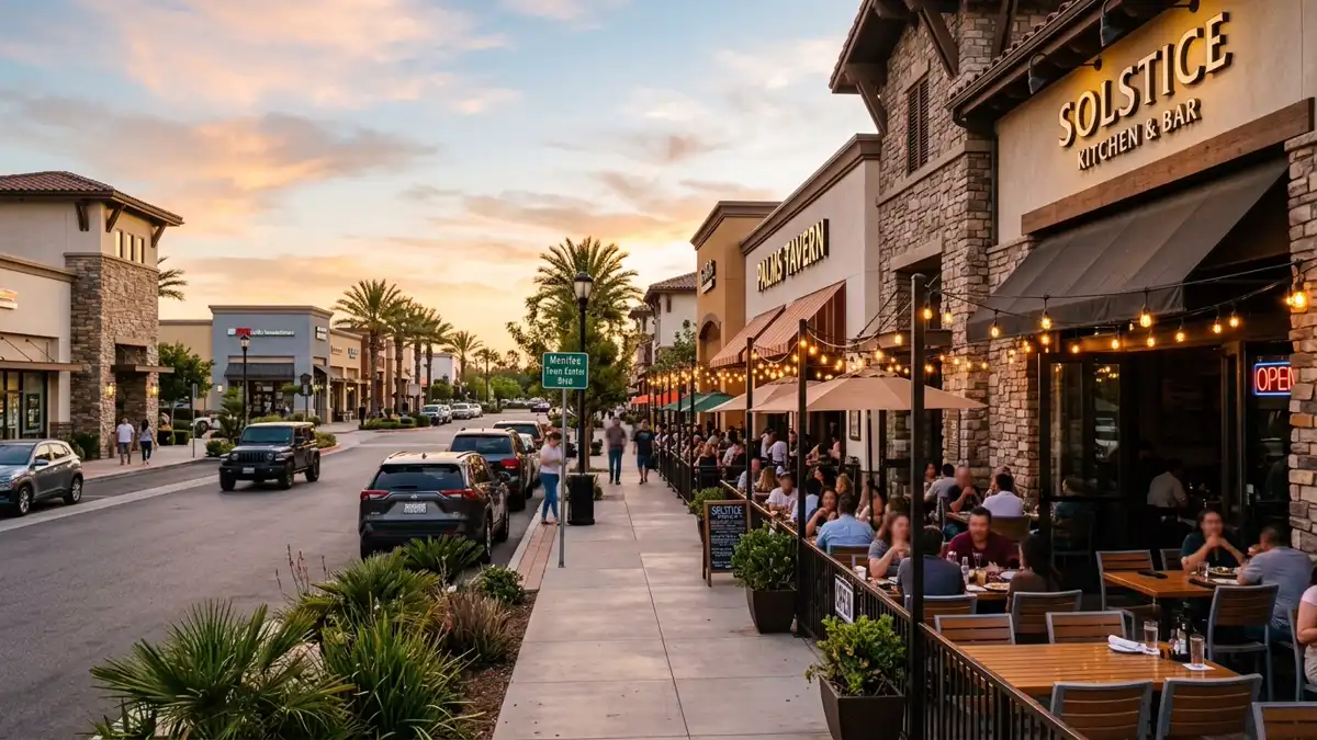 Restaurant district in Menifee, California with nearby public restroom facilities