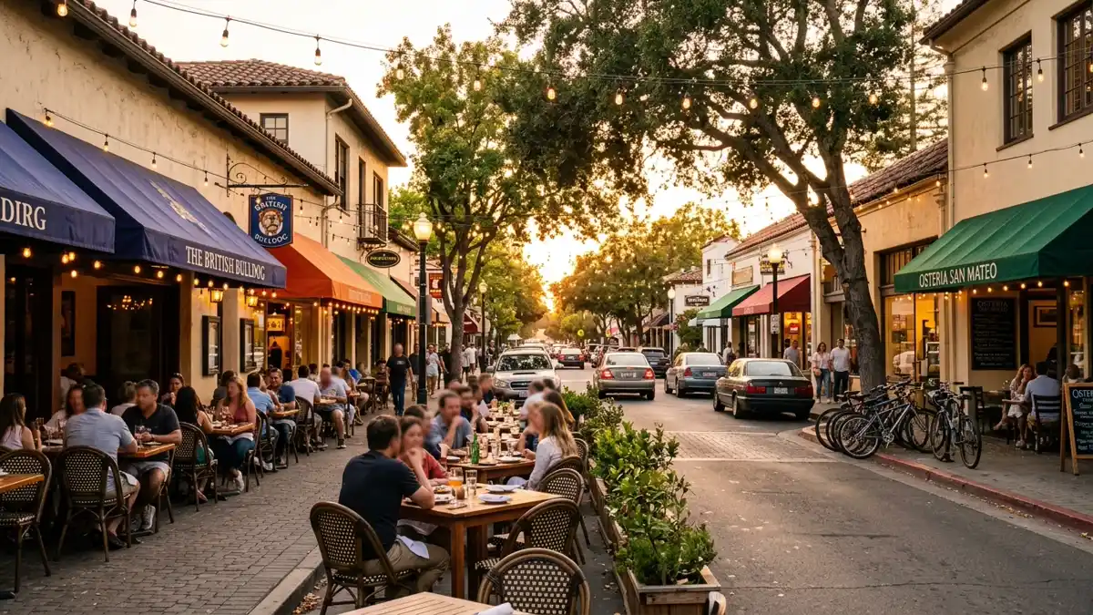 Restaurant district in Menlo Park, California with nearby public restroom facilities