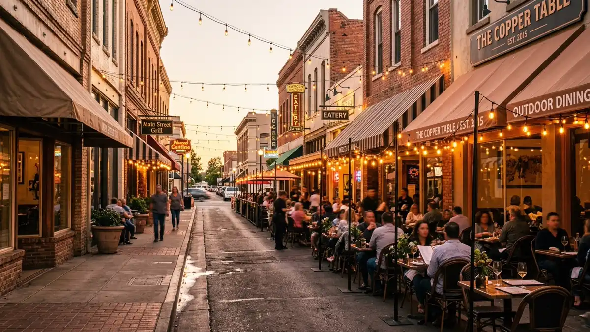Restaurant district in Merced County, California with nearby public restroom facilities
