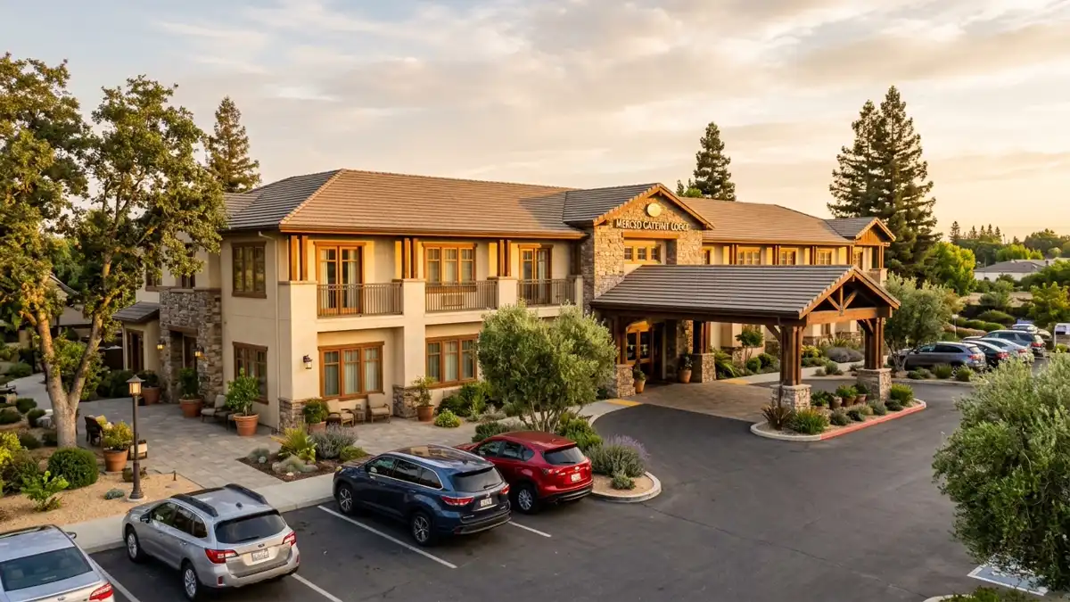 Hotels and accommodation options near mapped restrooms in Merced, California