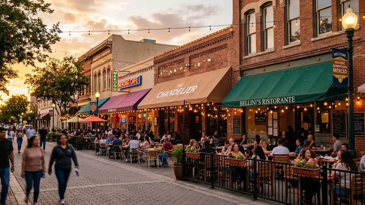 Restaurant district in Merced, California with nearby public restroom facilities