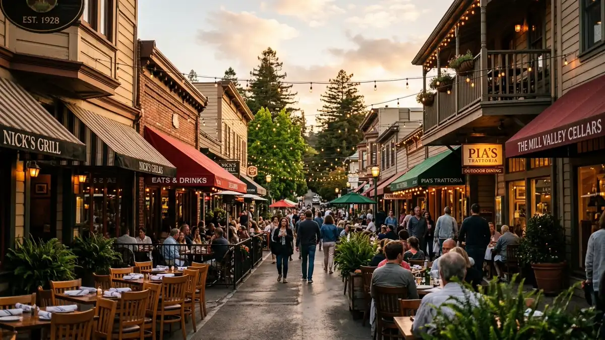 Restaurant district in Mill Valley, California with nearby public restroom facilities