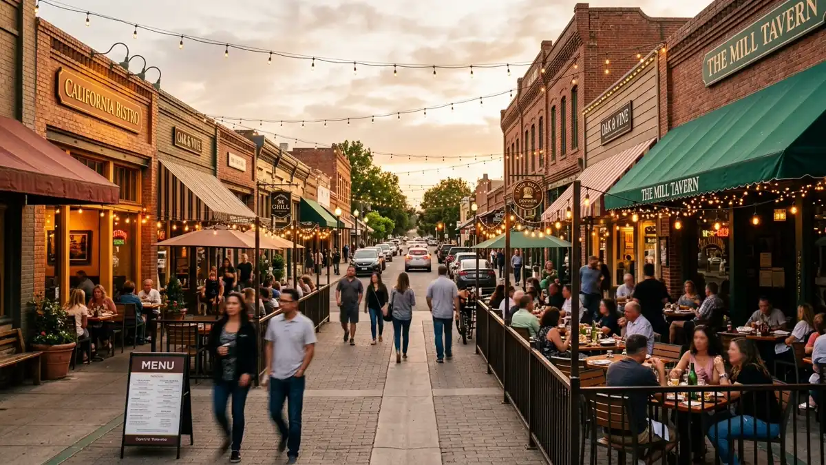Restaurant district in Millerton, California with nearby public restroom facilities