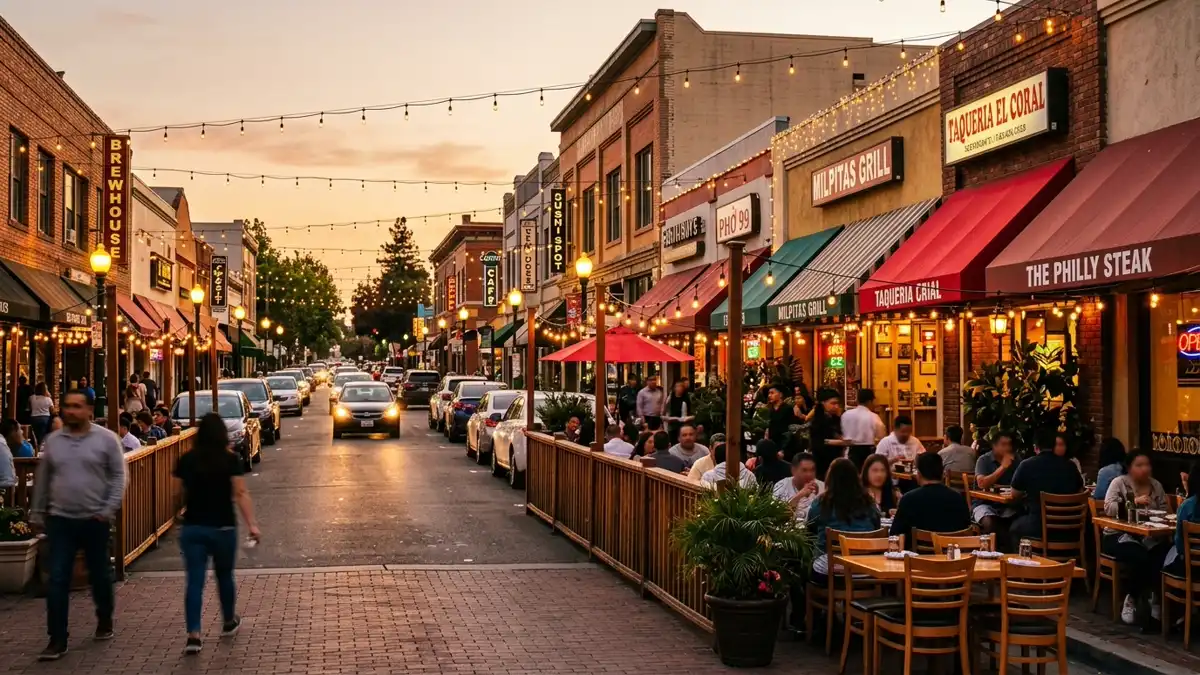 Restaurant district in Milpitas, California with nearby public restroom facilities