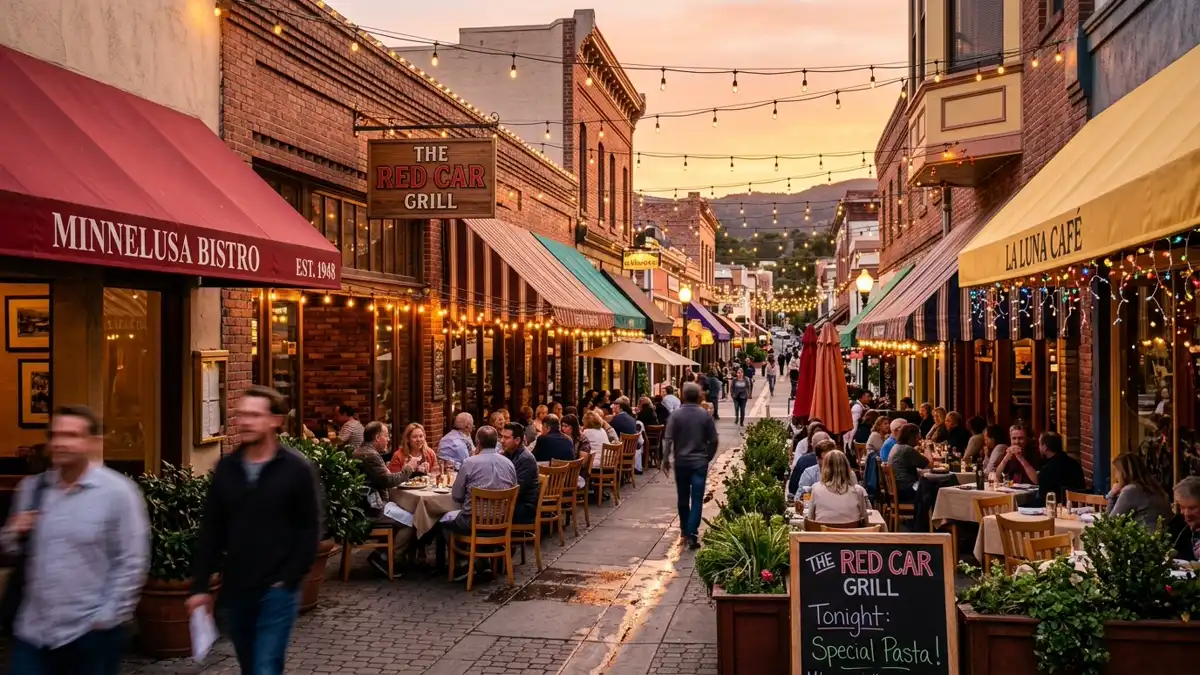 Restaurant district in Minnelusa, California with nearby public restroom facilities