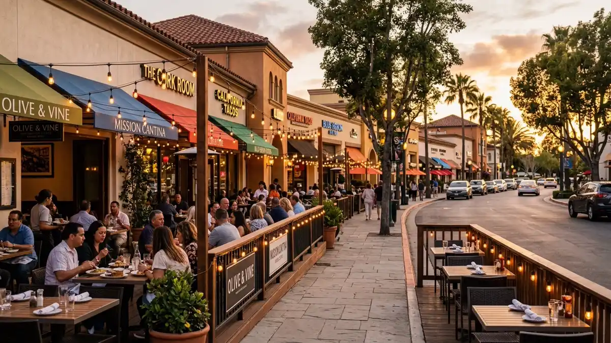 Restaurant district in Mission Viejo, California with nearby public restroom facilities