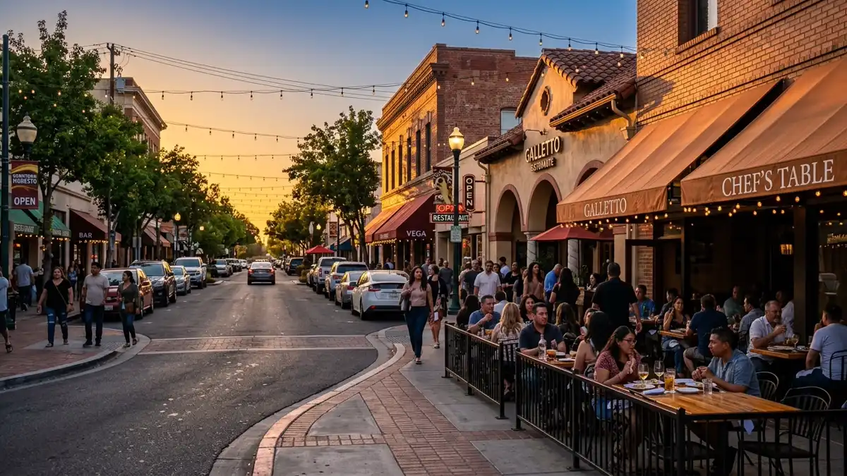 Restaurant district in Modesto, California with nearby public restroom facilities