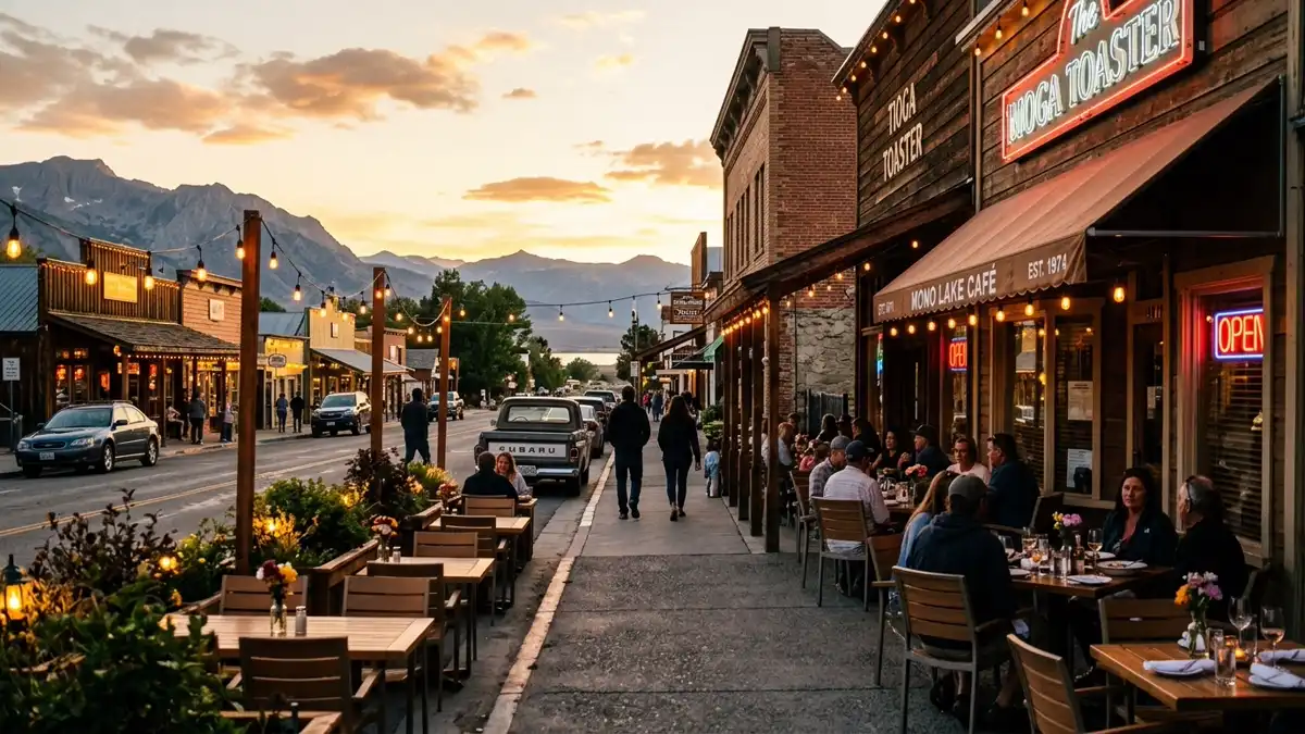 Restaurant district in Mono County, California with nearby public restroom facilities