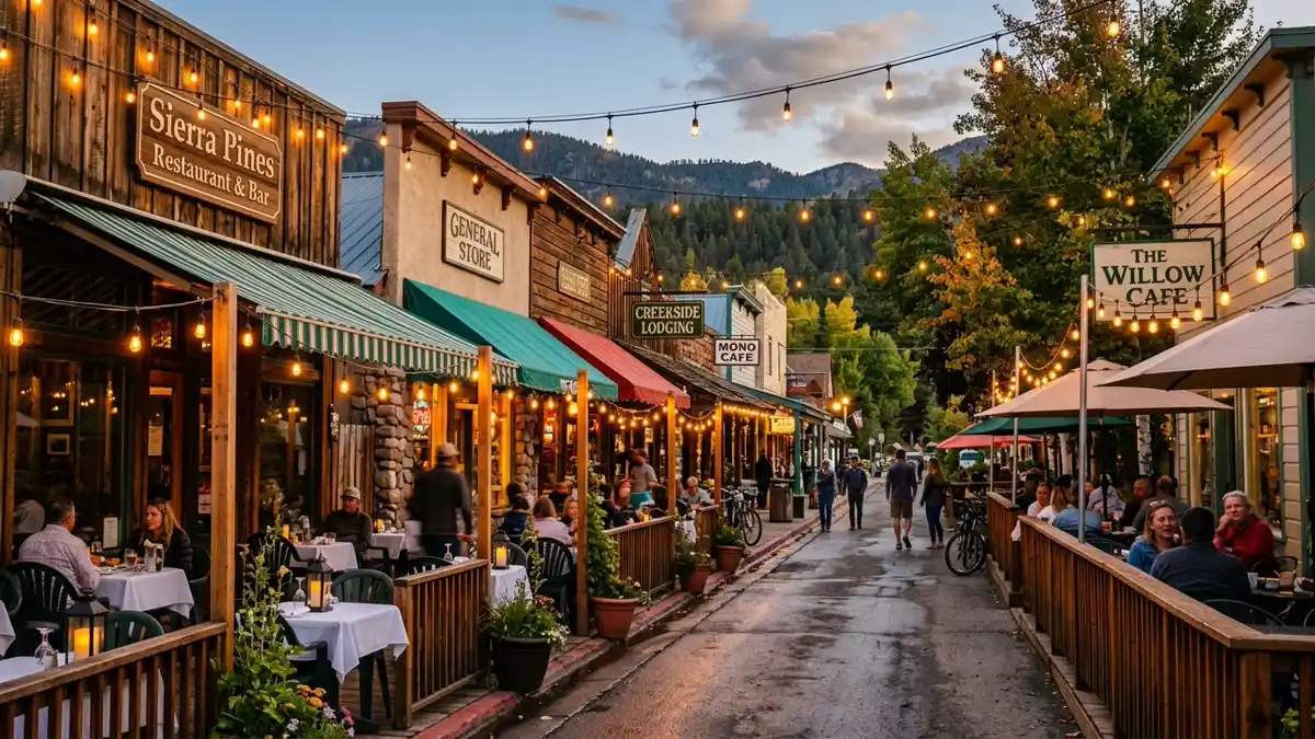 Restaurant district in Mono Hot Springs, California with nearby public restroom facilities