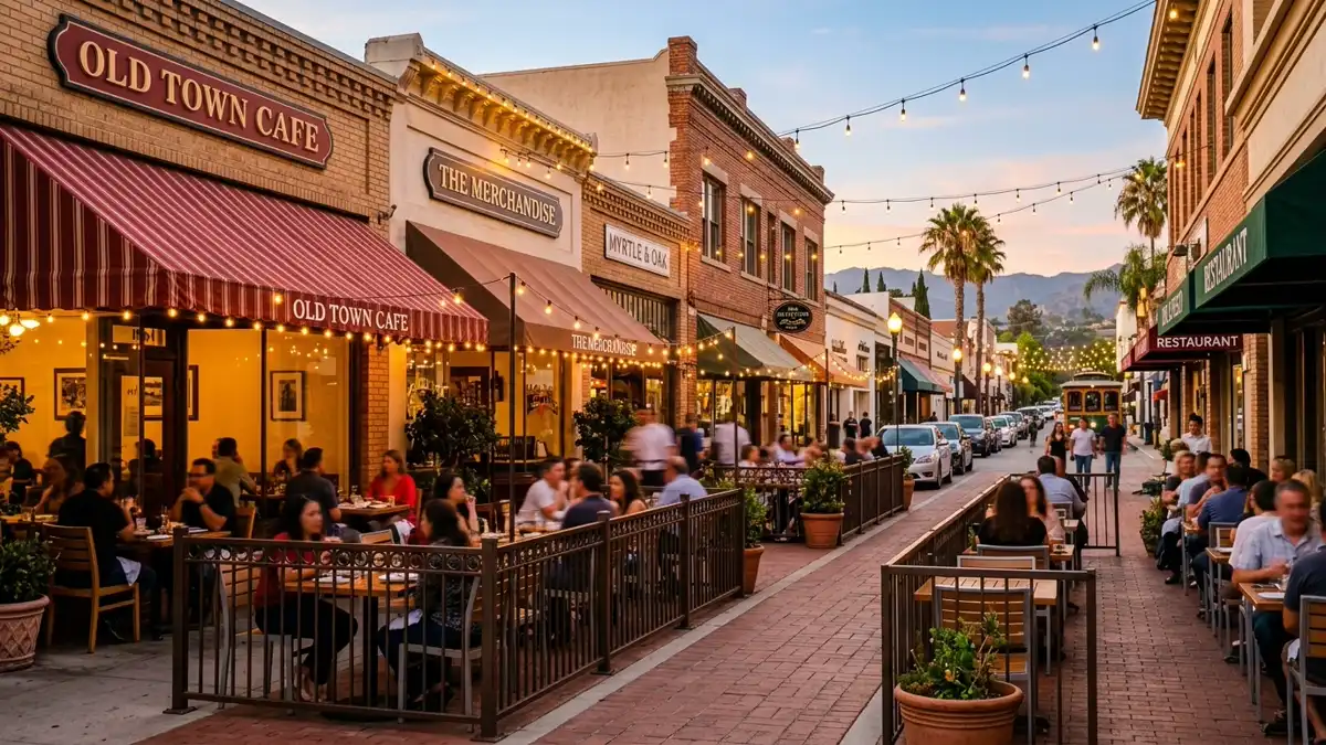 Restaurant district in Monrovia, California with nearby public restroom facilities