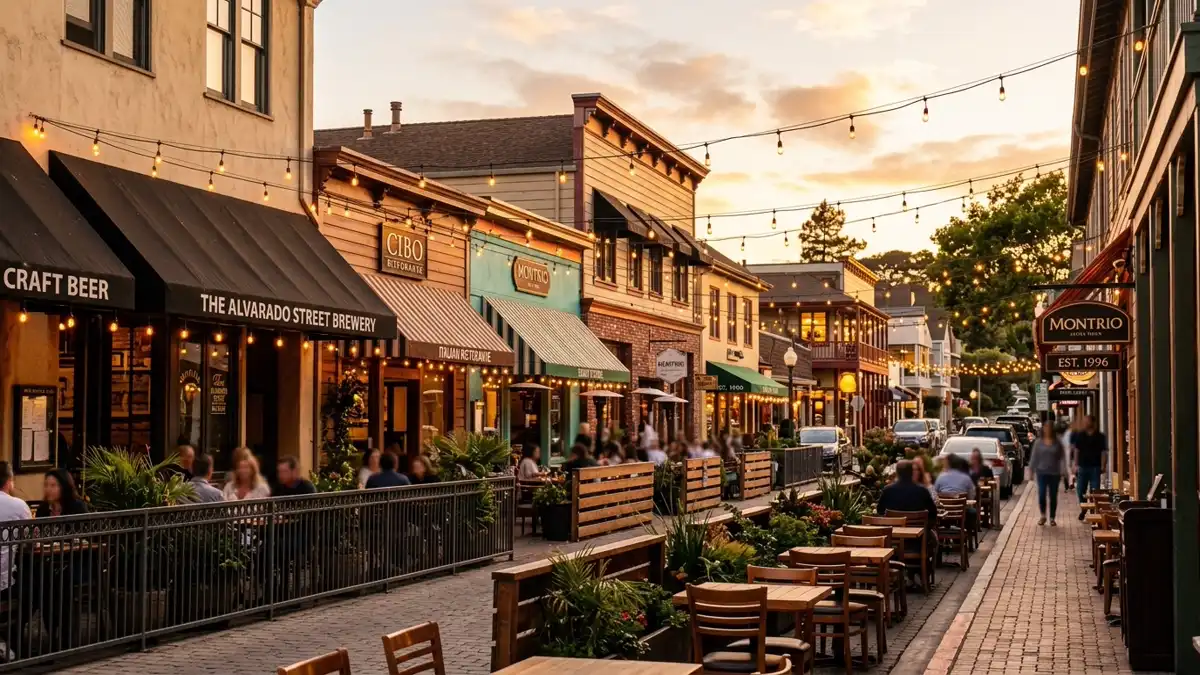 Restaurant district in Monterey County, California with nearby public restroom facilities