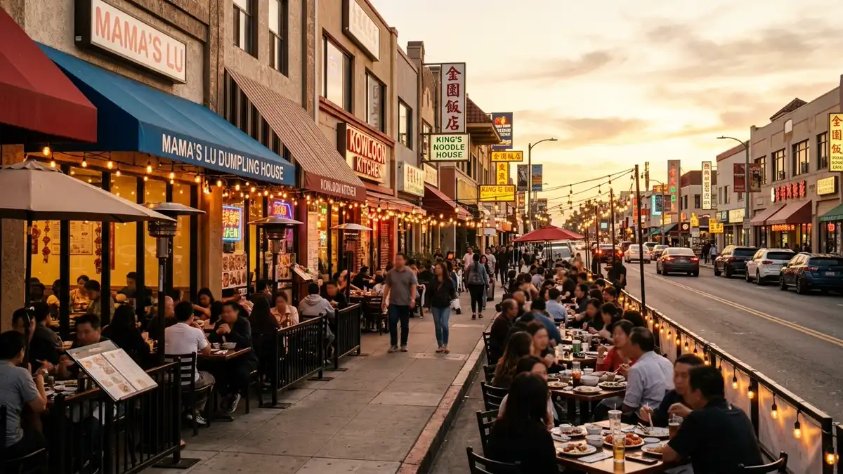 Restaurant district in Monterey Park, California with nearby public restroom facilities