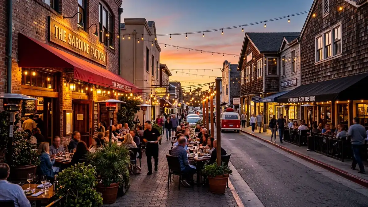Restaurant district in Monterey, California with nearby public restroom facilities