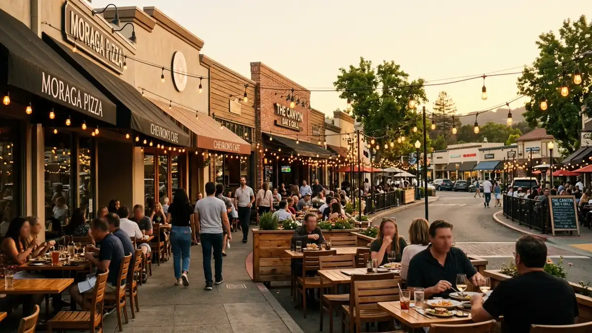 Restaurant district in Moraga, California with nearby public restroom facilities