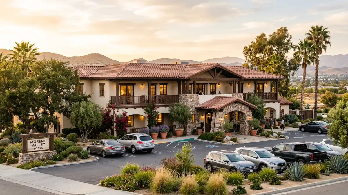 Hotels and accommodation options near mapped restrooms in Moreno Valley, California