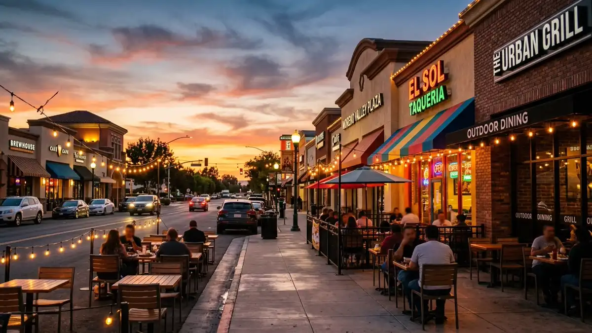 Restaurant district in Moreno Valley, California with nearby public restroom facilities
