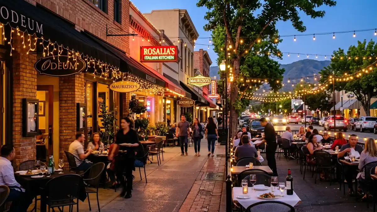 Restaurant district in Morgan Hill, California with nearby public restroom facilities