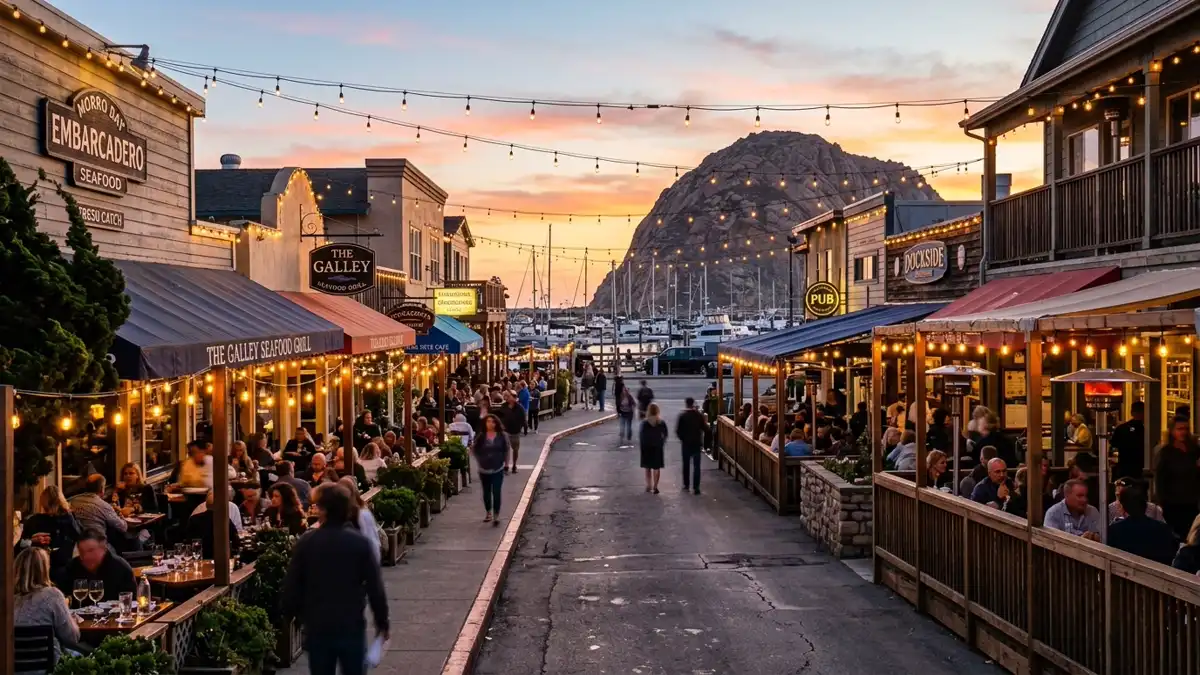 Restaurant district in Morro Bay, California with nearby public restroom facilities