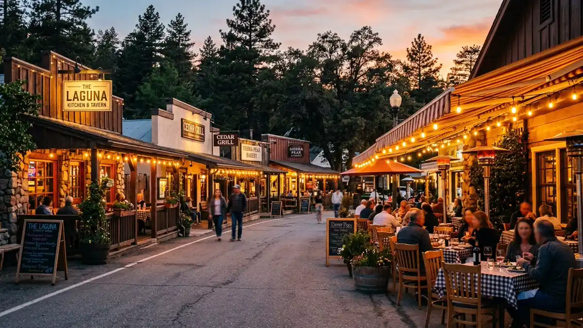 Restaurant district in Mount Laguna, California with nearby public restroom facilities