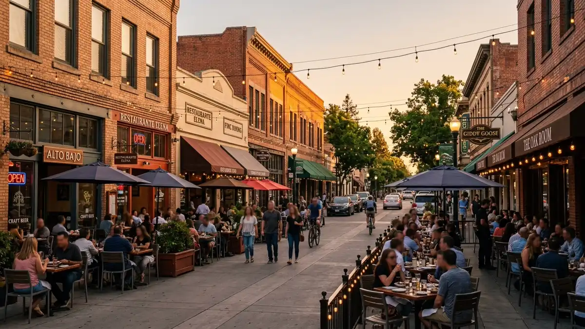 Restaurant district in Mountain View, California with nearby public restroom facilities