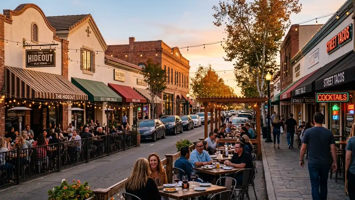 Restaurant district in Murrieta, California with nearby public restroom facilities