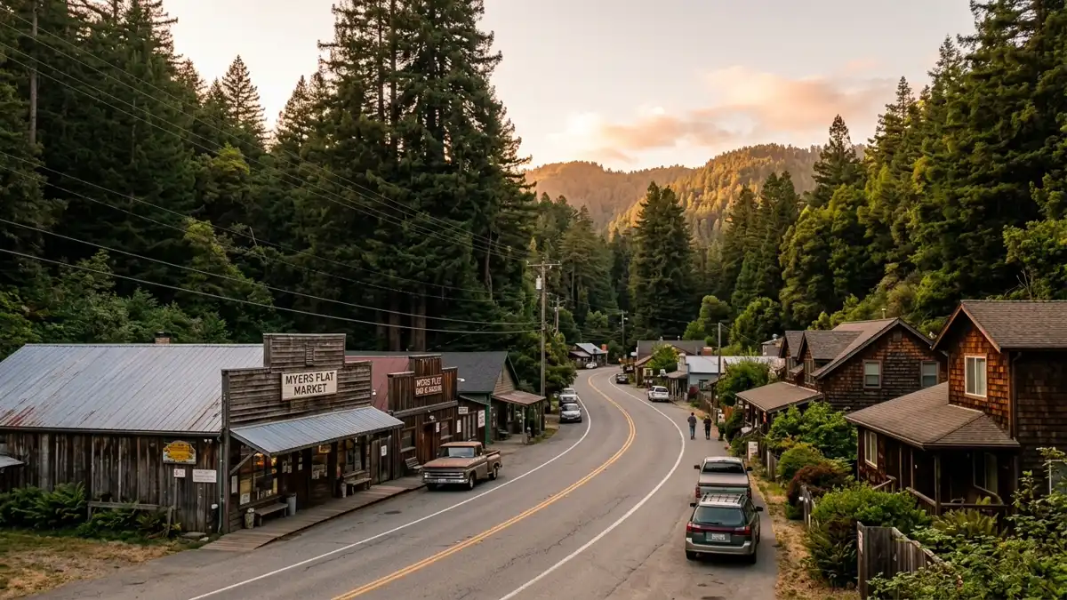 Public restroom locations mapped in Myers Flat, California — 8 facilities across zip codes 95554