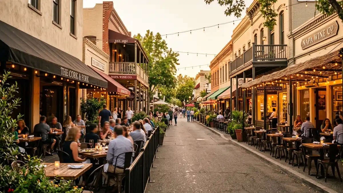 Restaurant district in Napa County, California with nearby public restroom facilities
