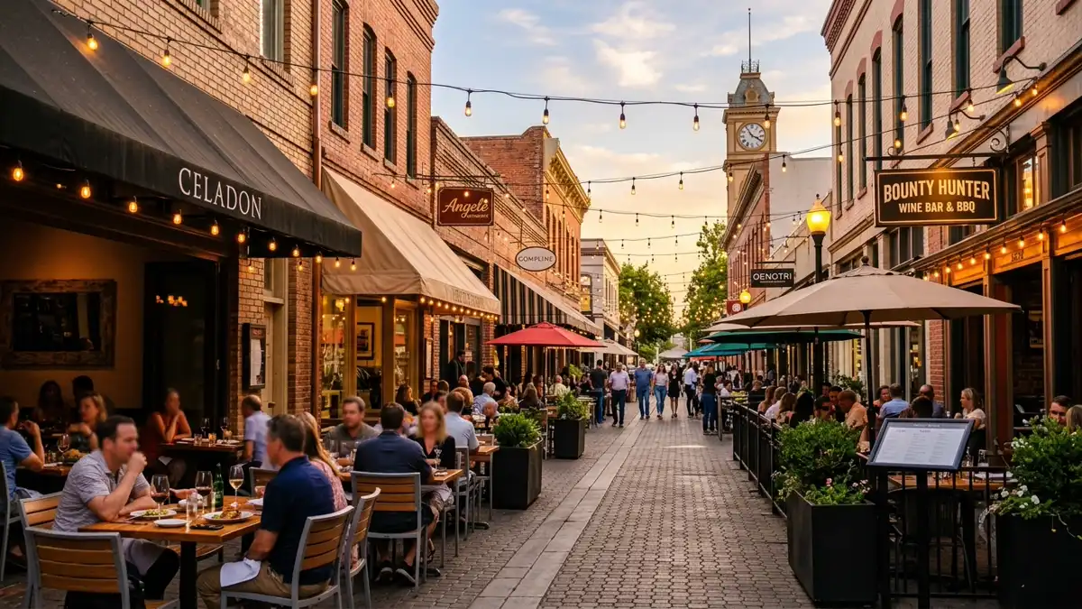 Restaurant district in Napa, California with nearby public restroom facilities