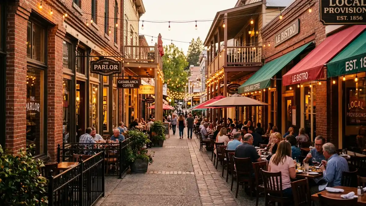 Restaurant district in Nevada City, California with nearby public restroom facilities