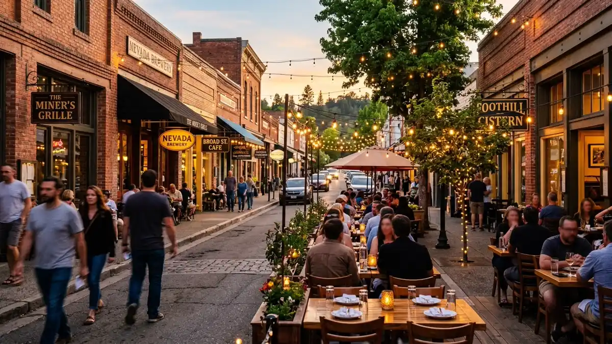 Restaurant district in Nevada County, California with nearby public restroom facilities