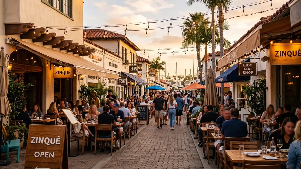 Restaurant district in Newport Beach, California with nearby public restroom facilities