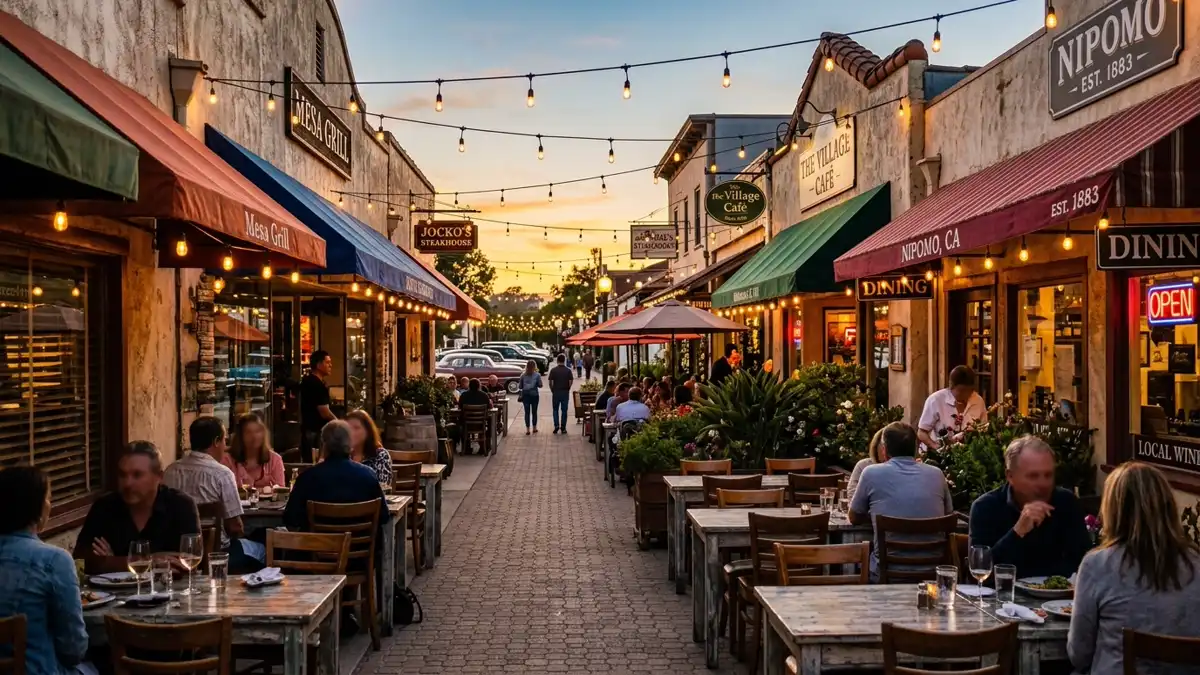 Restaurant district in Nipomo, California with nearby public restroom facilities