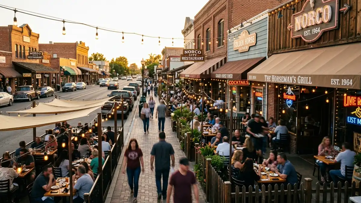 Restaurant district in Norco, California with nearby public restroom facilities