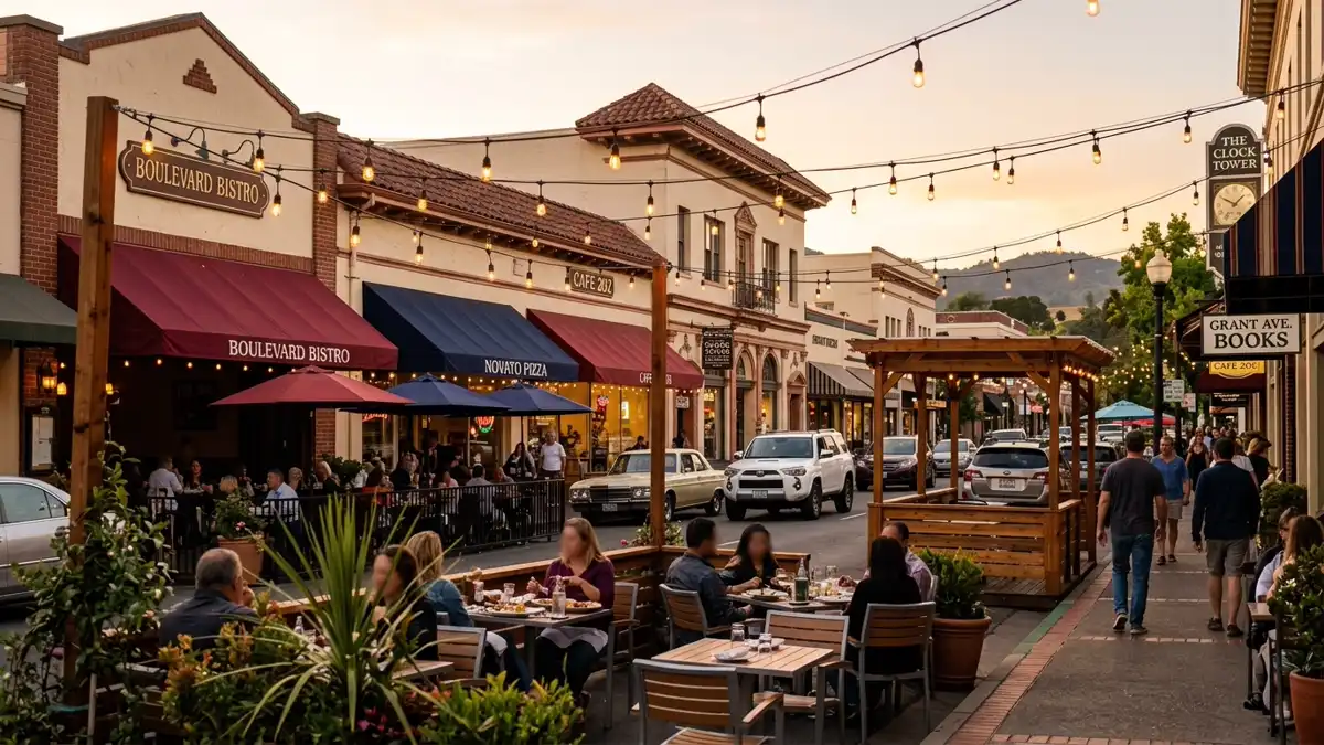 Restaurant district in Novato, California with nearby public restroom facilities