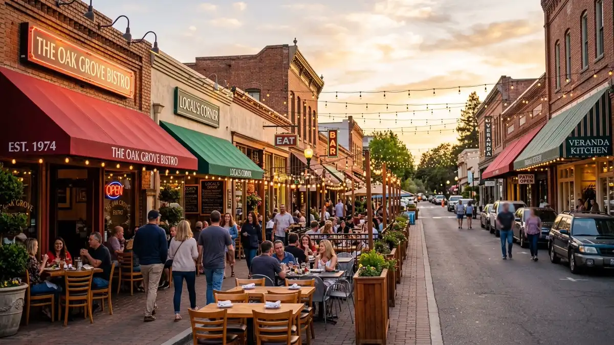 Restaurant district in Oak Grove, California with nearby public restroom facilities